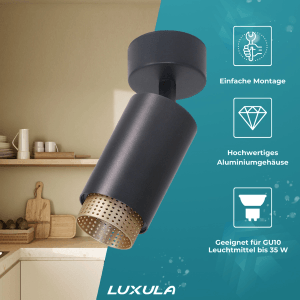 LUXULA LED Aufbauspot GU10 Schwenkbar Design Deckenspot Deckenstrahler Akzentbeleuchtung Kontrast-Innenring Schwarz Gold