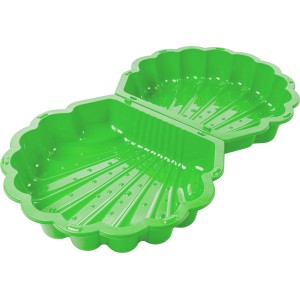 Apfelgrüne SwingKing Sandmuschel, geöffnet. Sandkasten in Muschelform für Kinder.