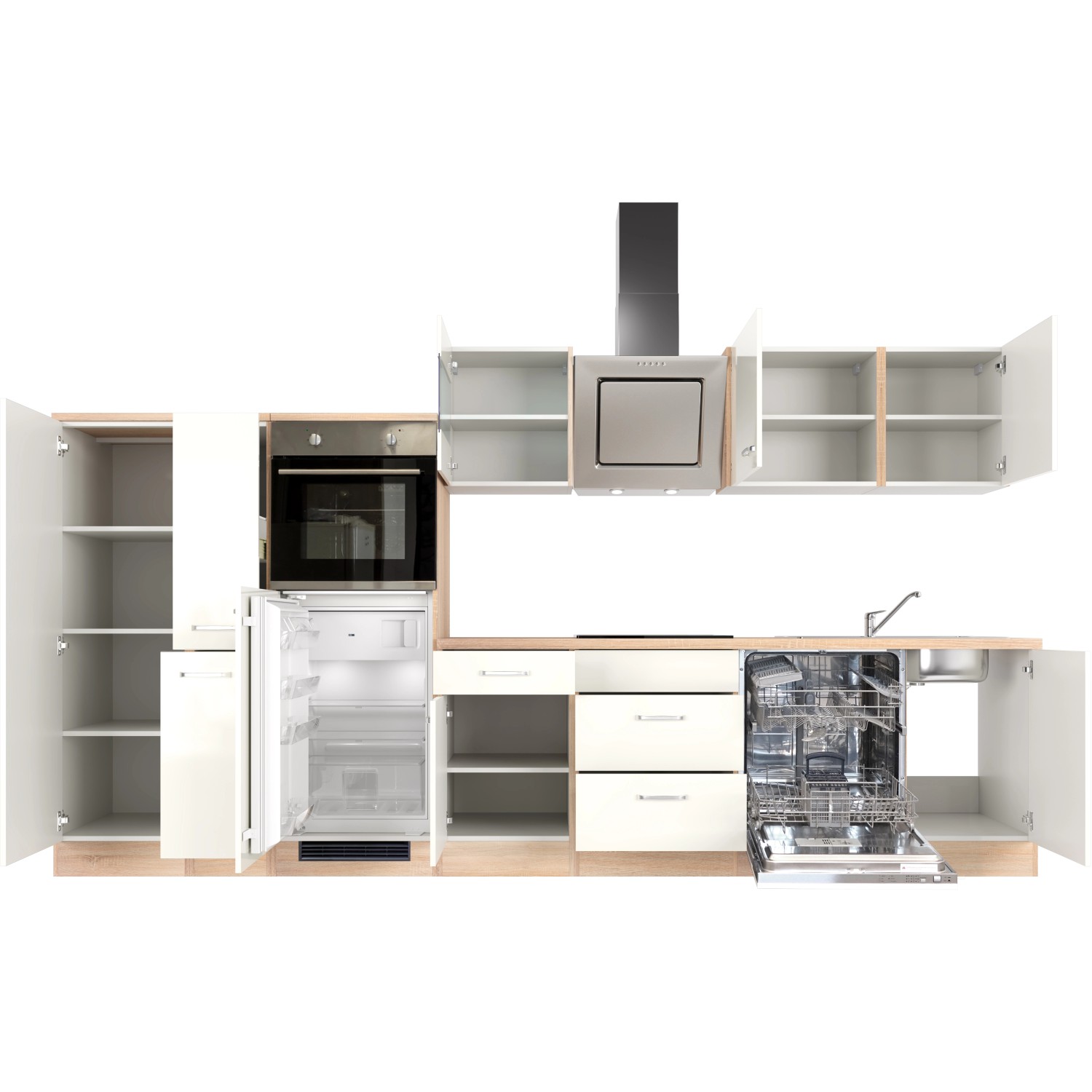 Flex-Well Küchenzeile Valero 360 cm, Hochglanz Weiß, Sonoma Eiche Dekor mit E-Geräten.