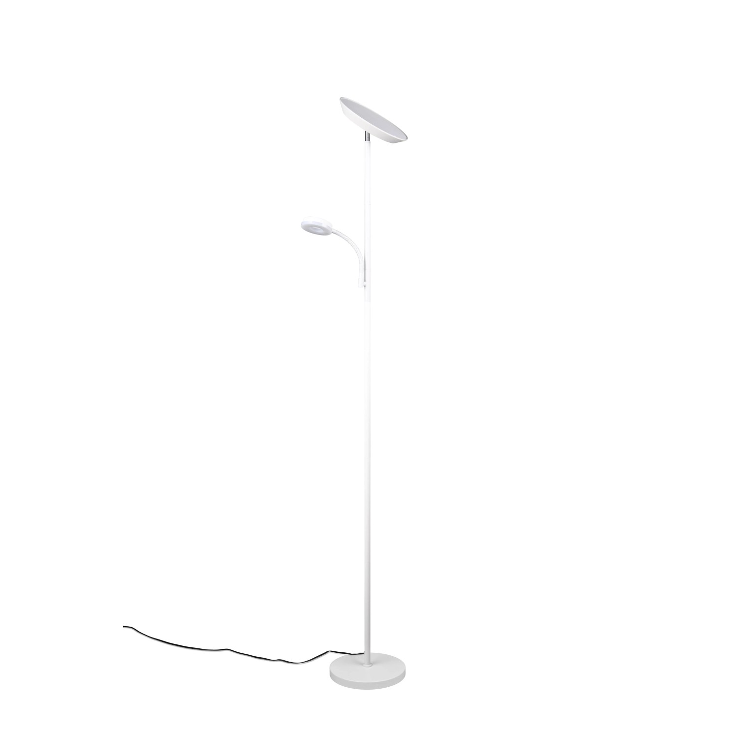 Weiße Reality LED Stehleuchte Specter mit Deckenfluter und Lesearm.