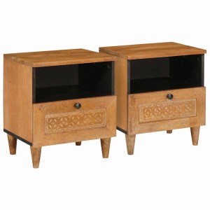 2er Set hellbraune Nachttische aus Mangoholz, 40x33x46 cm, mit Schublade und Regalen.