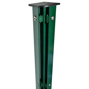 Moosgrüner Zaunpfosten (60 cm) für Doppelstabmattenzaun mit Abdeckleiste.