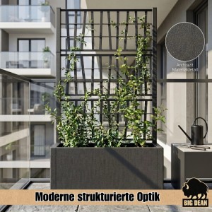 Anthrazitfarbener Blumenkasten mit strukturiertem Rankgitter auf Balkon. Moderner Pflanzkasten aus Kunststoff für Kletterpflanzen, Sichtschutz.