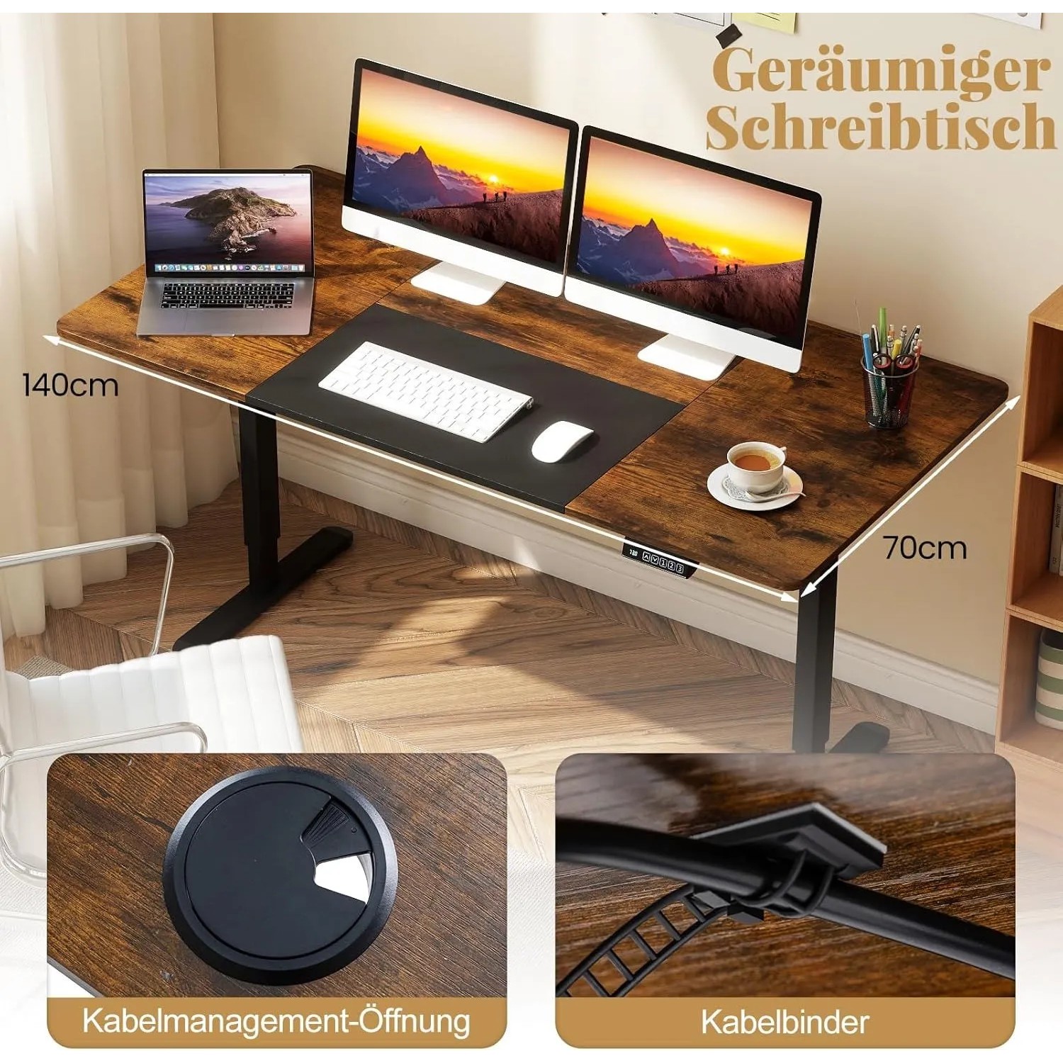 Brauner, elektrisch höhenverstellbarer Schreibtisch (140x70 cm) mit Kabelmanagement-Öffnung und Kabelbindern.