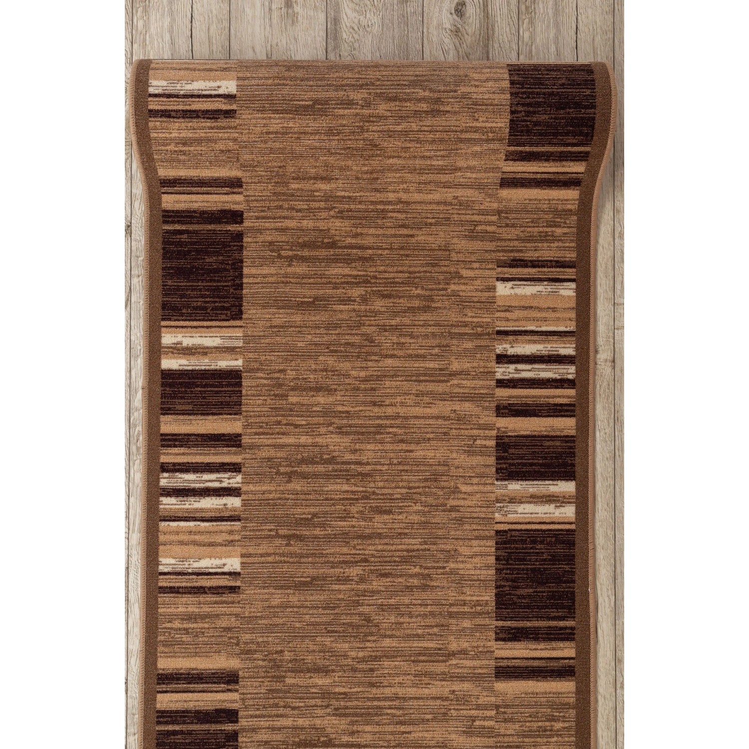 Beiger RugsX Antirutsch-Läufer Adagio mit Streifenmuster auf Holz. Polyamid Teppich 57x250cm für Flur.
