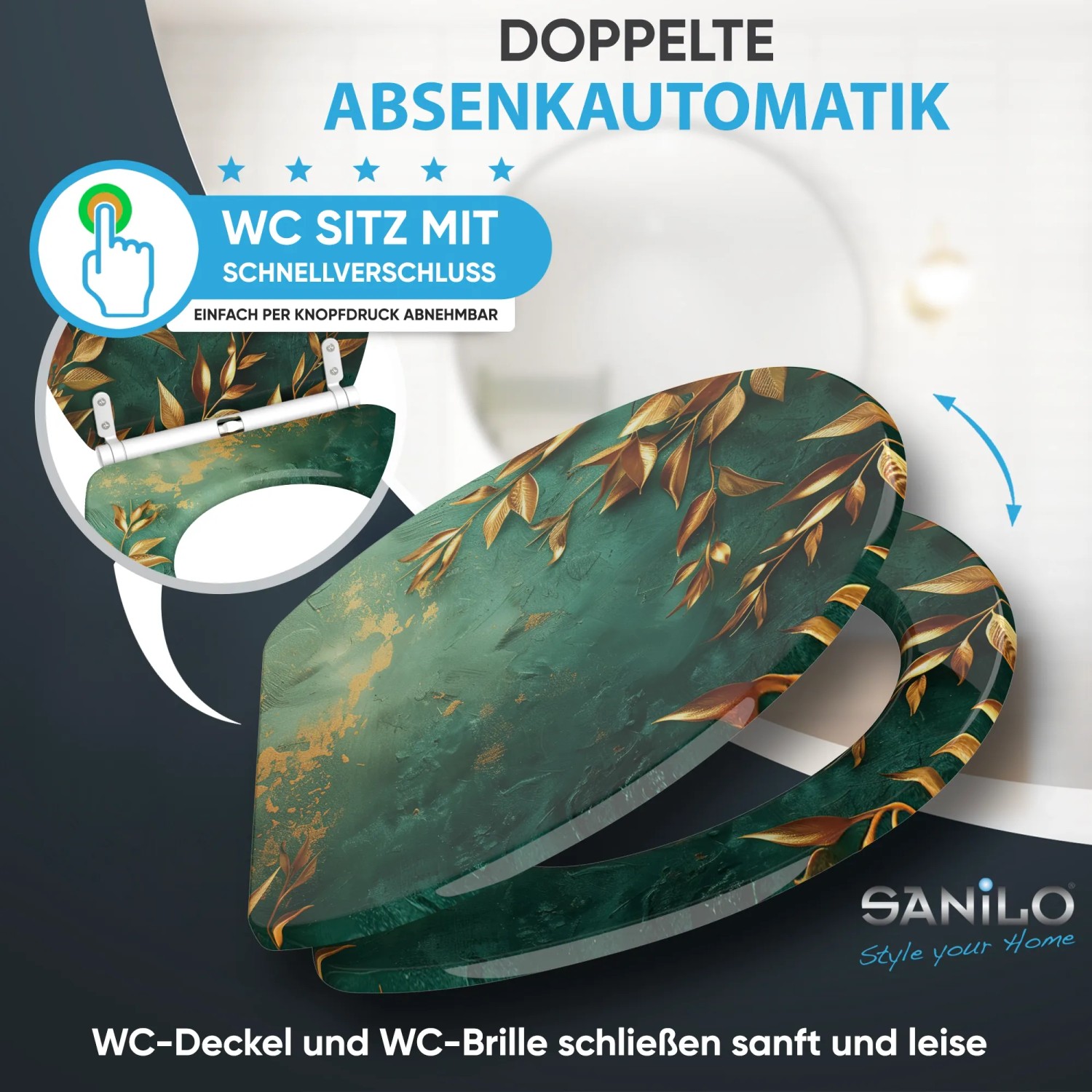 SANILO WC-Sitz Greego mit Absenkautomatik und grün-goldenem Blätterdesign.