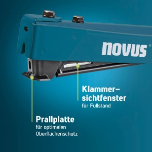 Detailaufnahme Novus Hammertacker J-044: Prallplatte und Klammersichtfenster im Fokus.