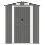 Hellgrauer Geräteschuppen aus verzinktem Stahl, Gartenhaus mit Schiebetür und Entlüftung.