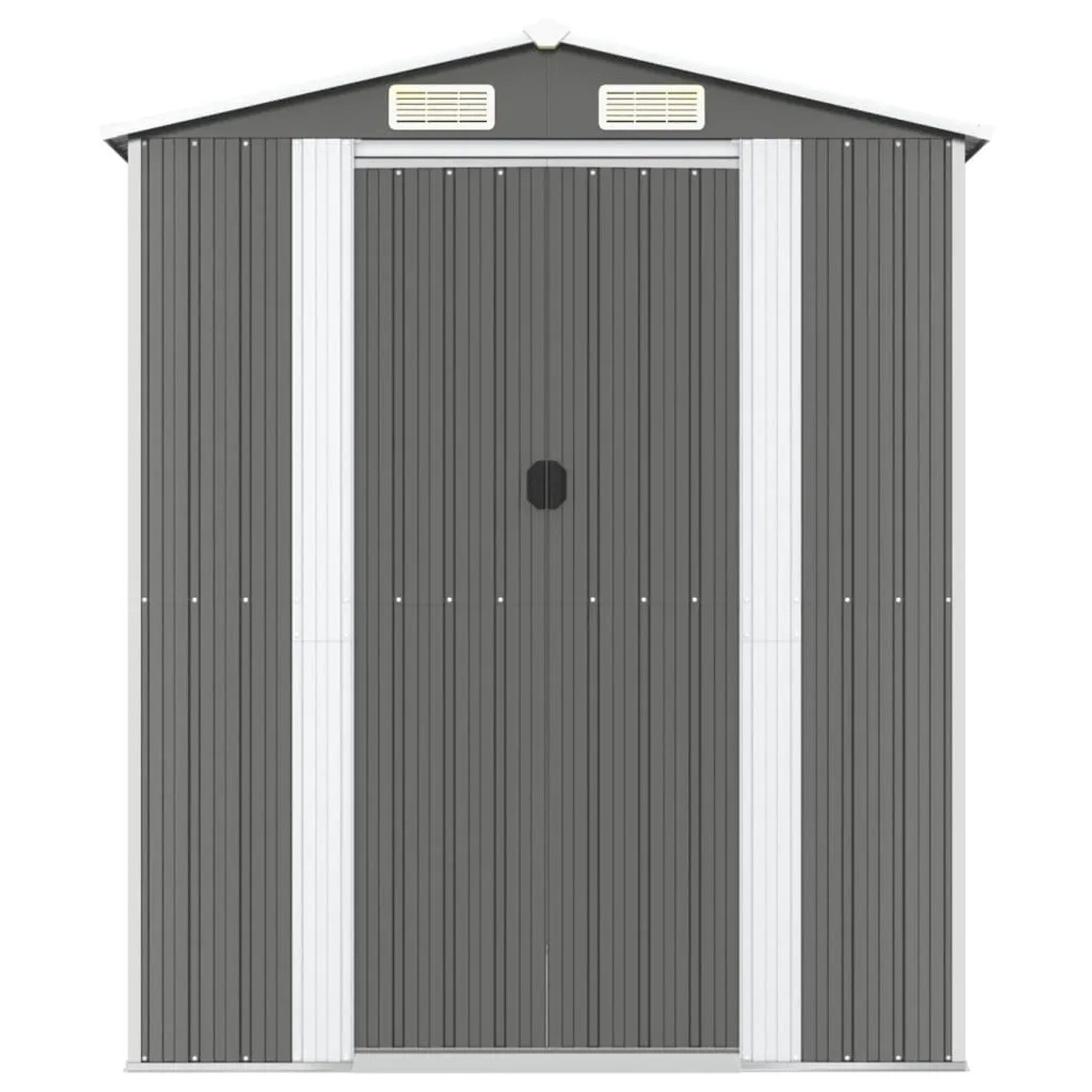 Hellgrauer Geräteschuppen aus verzinktem Stahl, Gartenhaus mit Schiebetür und Entlüftung.