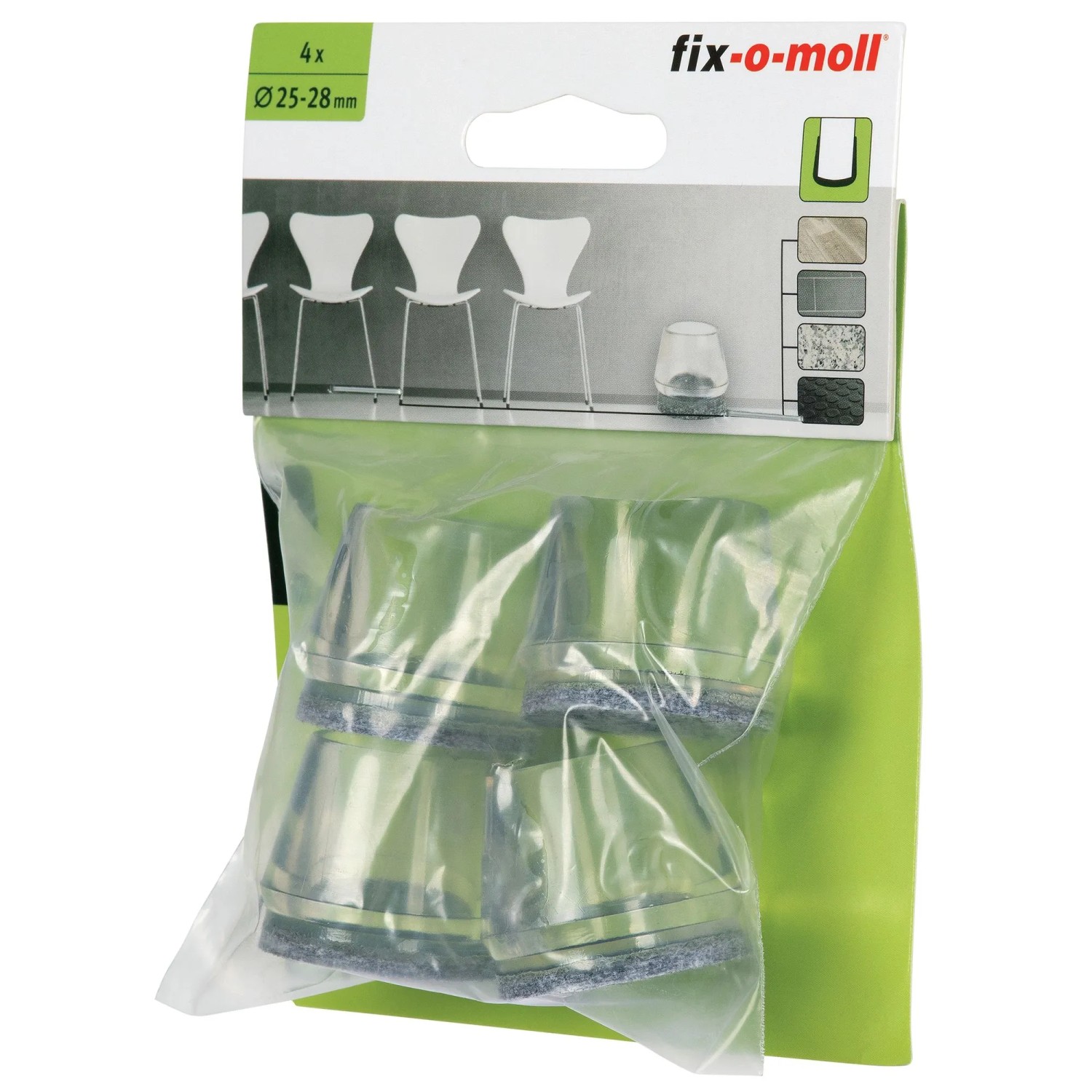 Fix-o-moll Rohrkappen Flex mit Filz, Ø 25-28 mm, transparent/grau, 4 Stück. Möbelgleiter zum Schutz von Böden.