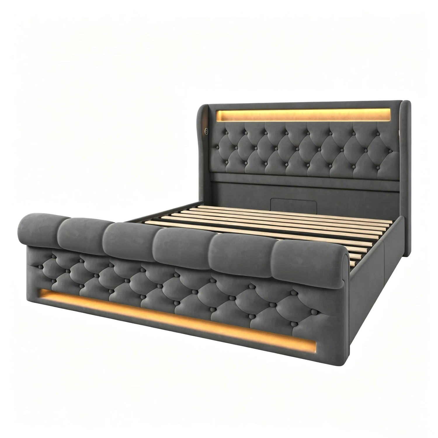 okwish Polsterbett 140x190cm mit LED Beleuchtung Schlafzimmer Grau ohne Matratze