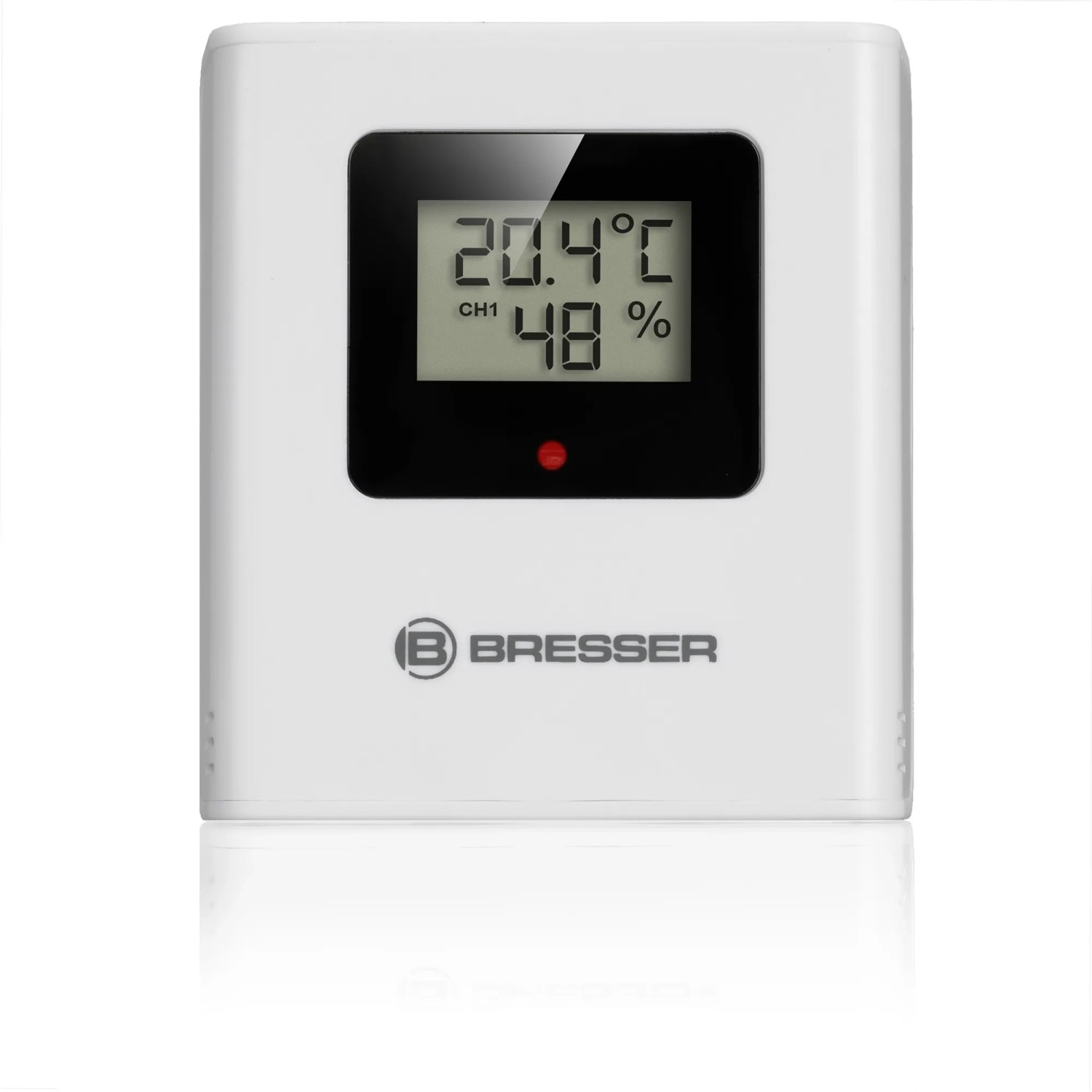 Bresser ClimateTemp NDH-NEO Wetterstation in Silber-Schwarz mit digitaler Anzeige von Temperatur und Luftfeuchtigkeit.