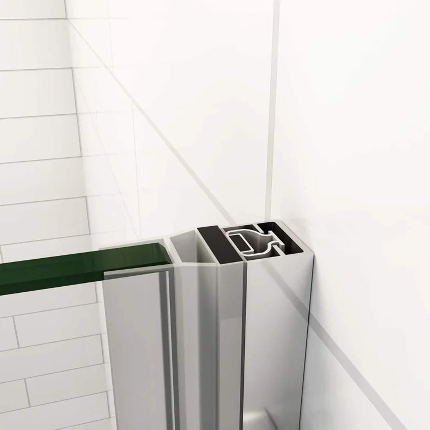 Detailaufnahme einer Duschparadies Nischentür mit verchromtem Rahmen und Sicherheitsglas.