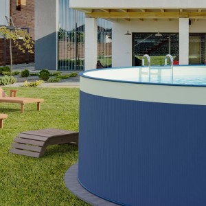 Runder, anthrazitfarbener Stahlwandpool (350x120cm) mit Leiter im Garten.