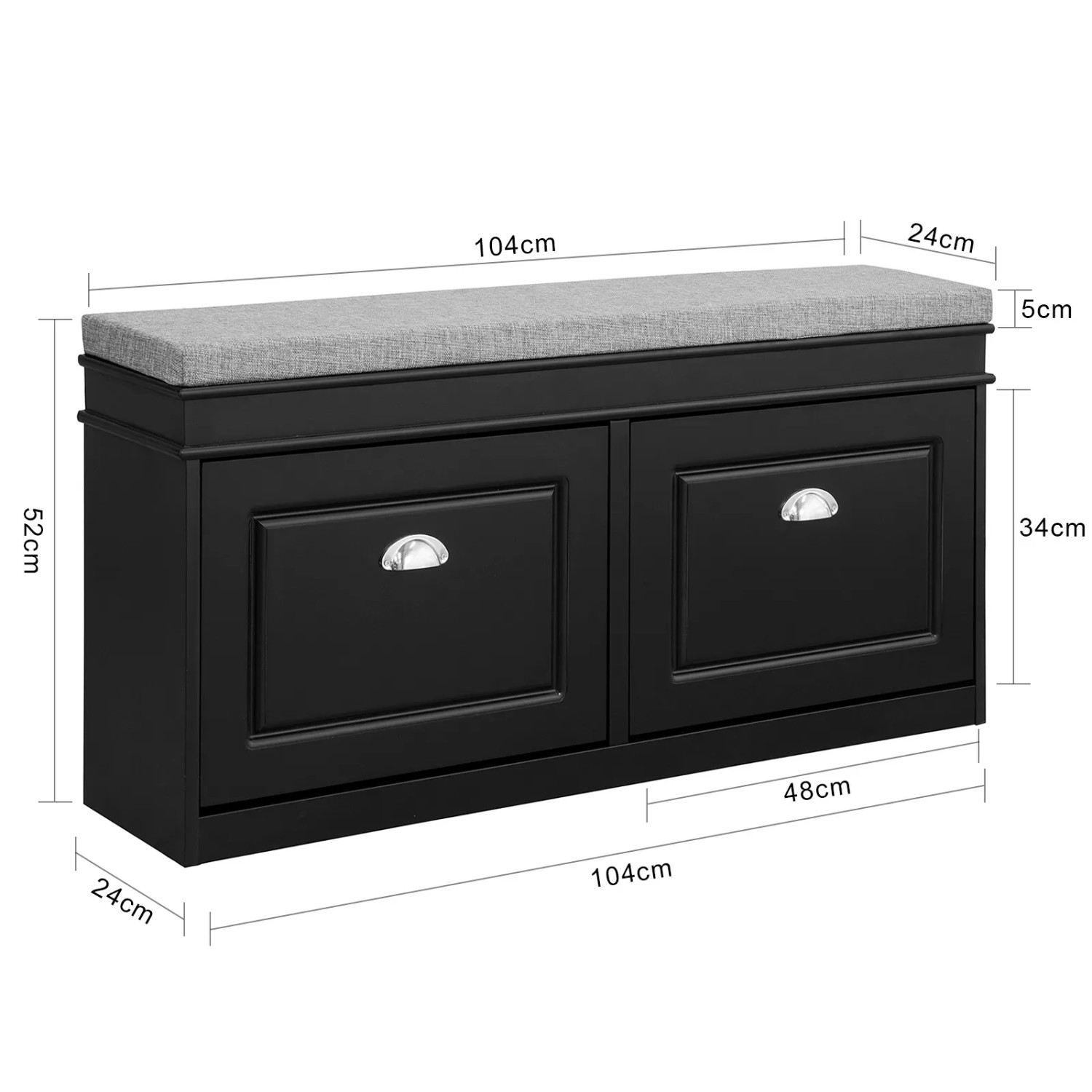 Schwarze SoBuy Sitzbank FSR64-SCH mit grauem Sitzkissen und zwei Schuhfächern.