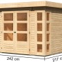 Karibu Holz-Gartenhaus Sölve, naturbelassen, mit Flachdach und Maßangaben.