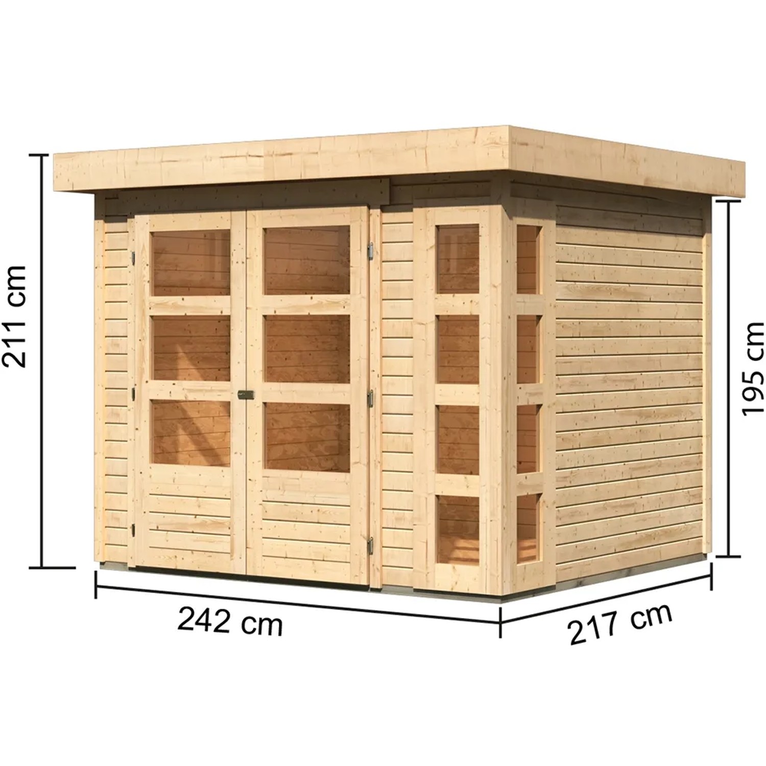 Karibu Holz-Gartenhaus Sölve, naturbelassen, mit Flachdach und Maßangaben.