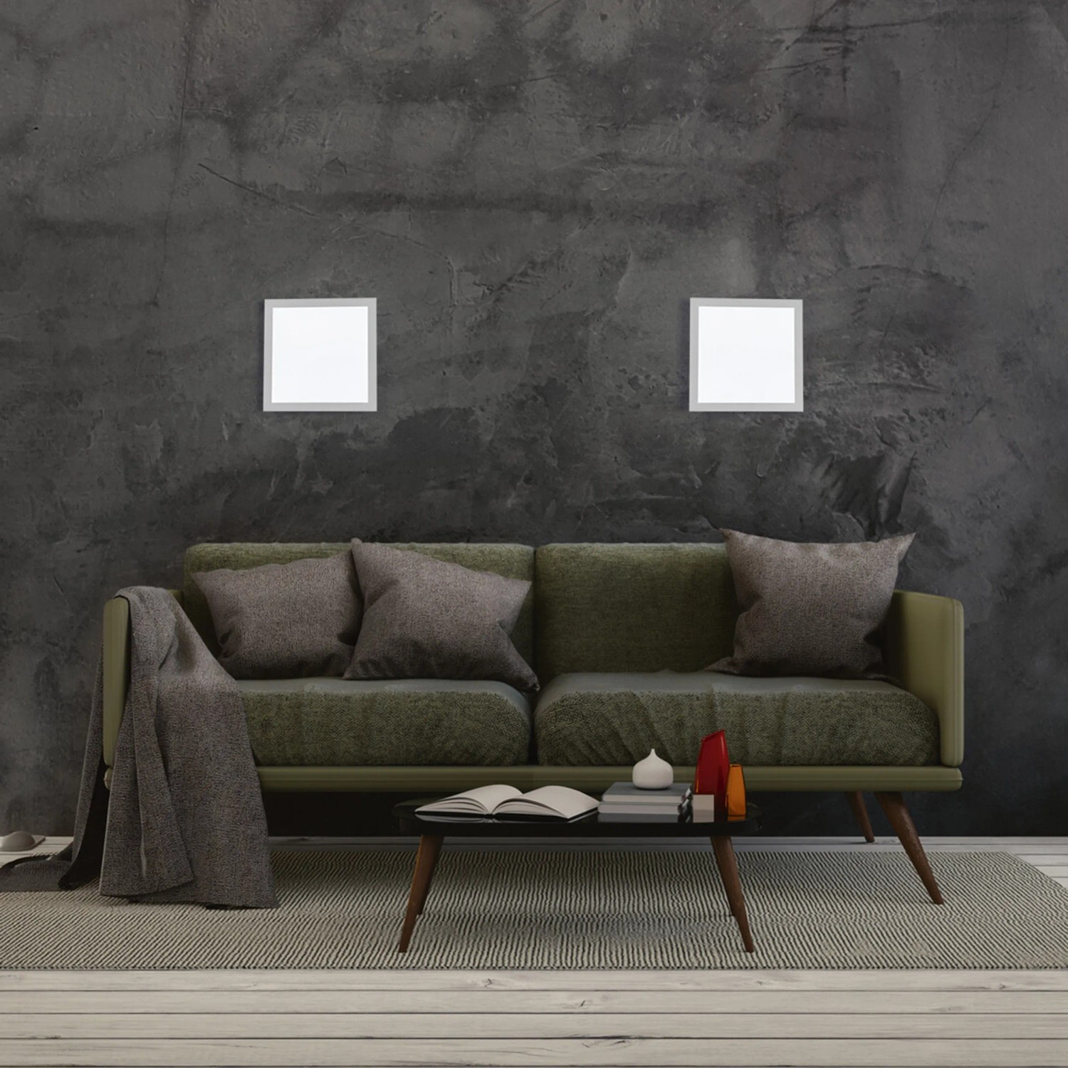 Ledvance Panelleuchte Planon Plus Sun@Home Smart+ 30x30 cm über Sofa im Wohnzimmer.