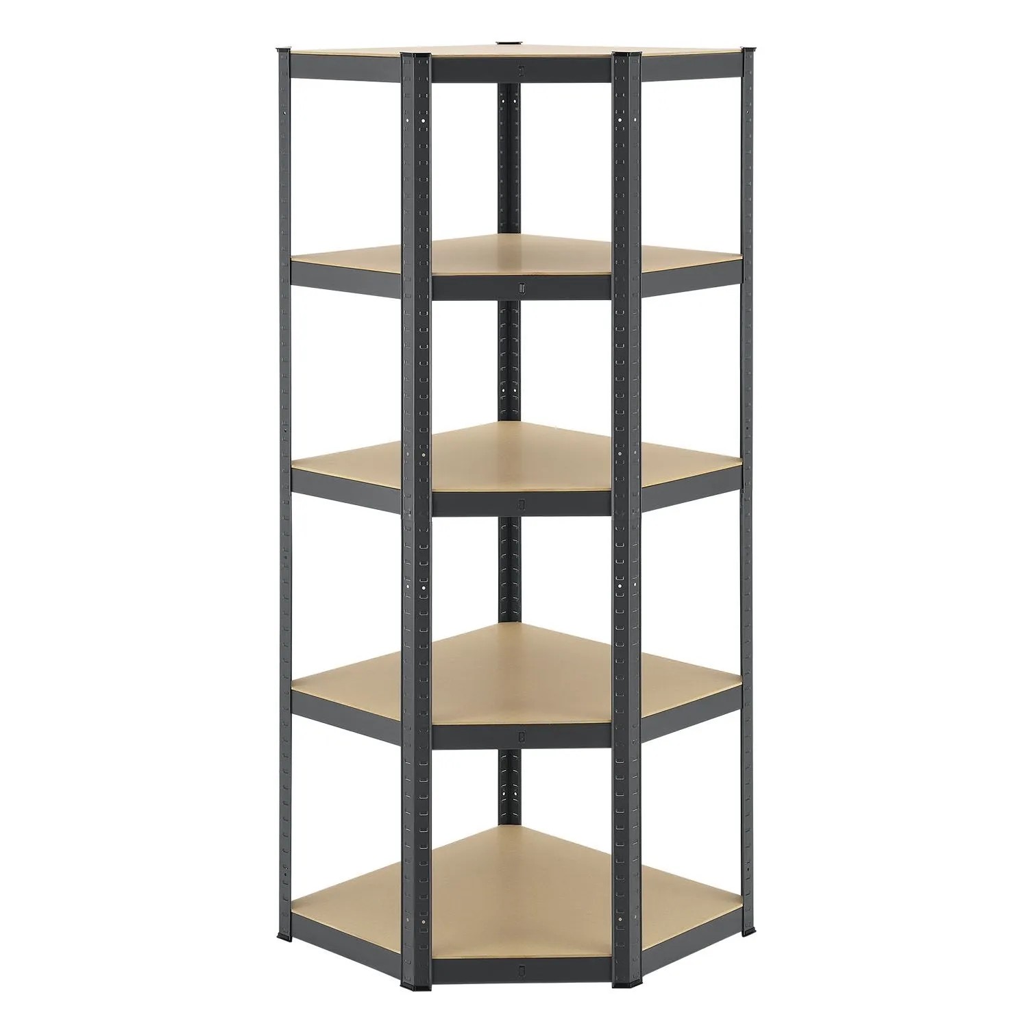 Graues Juskys Eckregal Corner Basic mit 5 Böden, ideal für Lagerung und Ordnung.