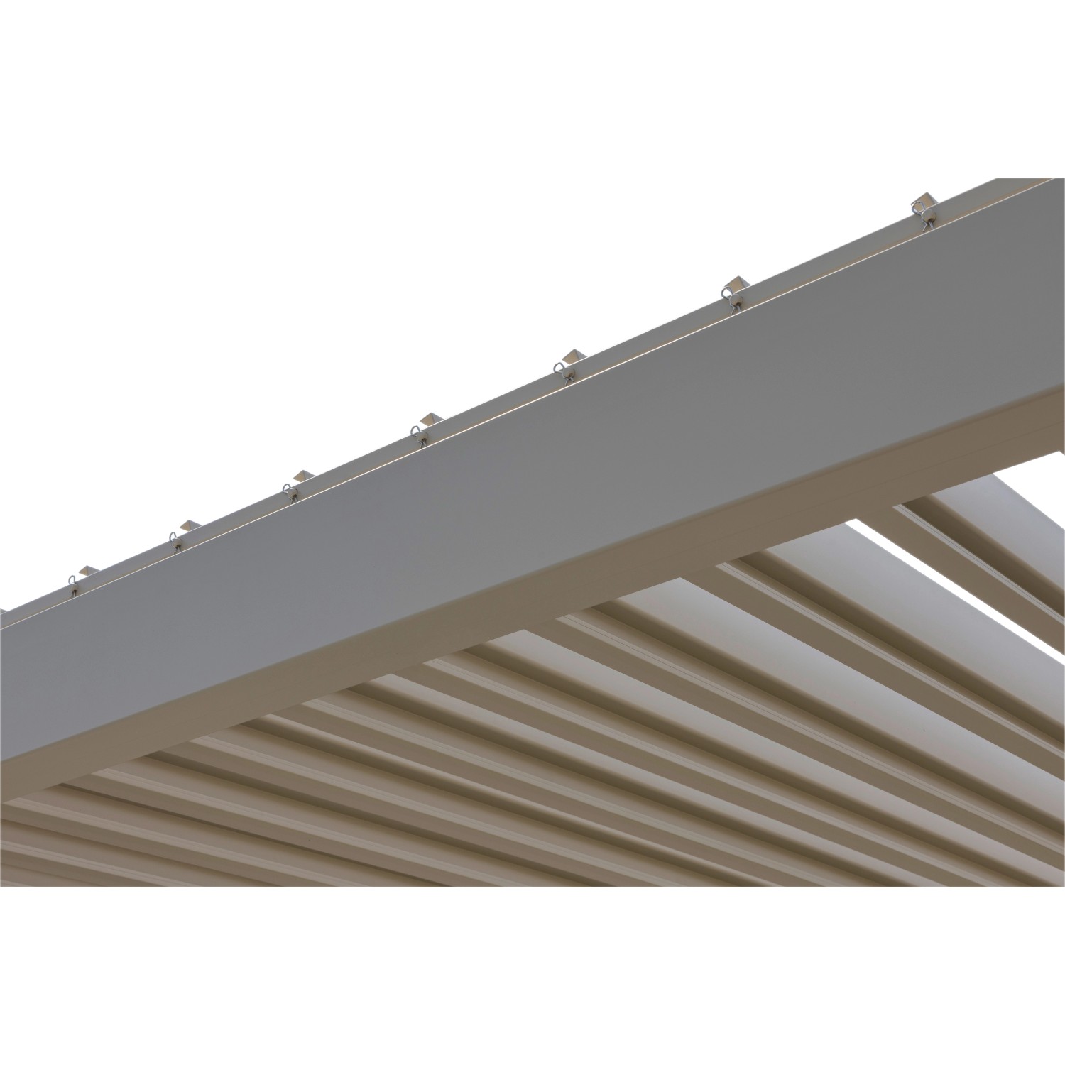 Detailansicht der hellgrauen Mirador Pergola 111 Deluxe (3x4m) mit Lamellendach.