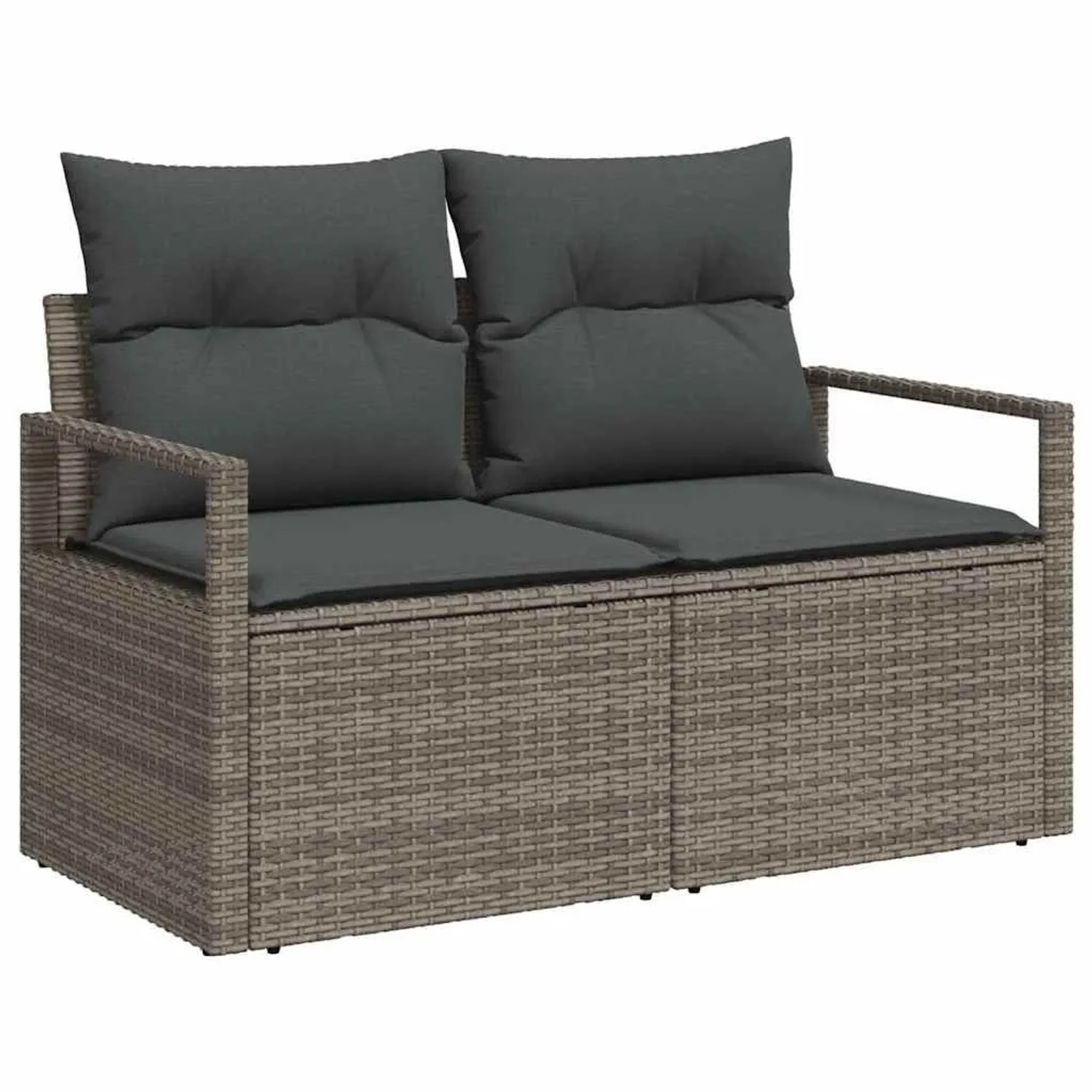 Graues Poly-Rattan Gartensofa-Set mit dunklen Kissen und integriertem Speicher. Ideal für Outdoor-Möbel.