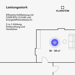 Grundriss: Klarstein Kraftwerk Eco Smart 11 Klimaanlage kühlt Räume von 35-59 m² mit 11500 BTU.
