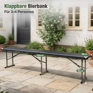 Sekey Klappbank Bierbank 180cm, Gartenbank in Schwarz, ideal für Picknick und Garten.