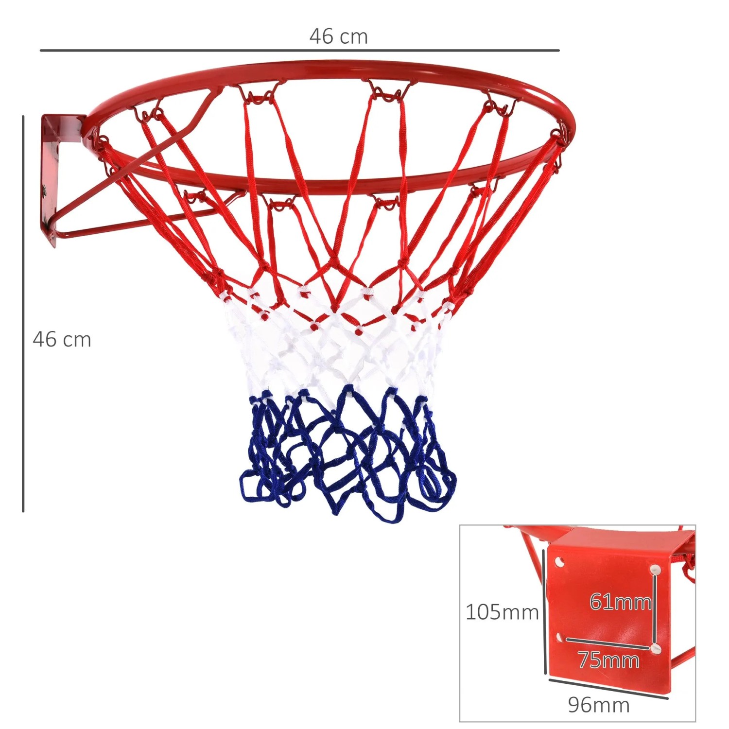 HOMCOM Basketballkorb aus rotem Metall mit rot-weiß-blauem Netz, 46 cm Durchmesser, zur Wandmontage. Für Spiel & Spaß.