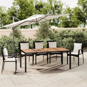 Schwarzer vidaXL Gartentisch mit Holzplatte und Poly Rattan mit Akazienholz mit Stühlen und Sonnenschirm.