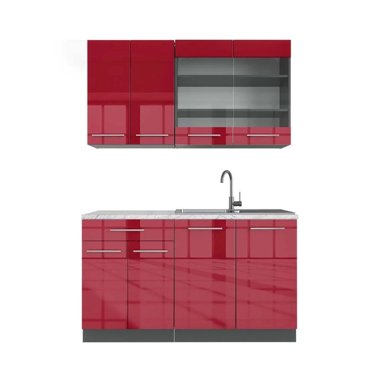 Vicco Fame-Line Singleküche Bordeaux Hochglanz Anthrazit 140 cm AP Marmor ohne E-Geräte