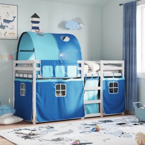 Blaues vidaXL Etagenbett 80x200 cm aus Kiefernholz mit Vorhängen für Kinder.