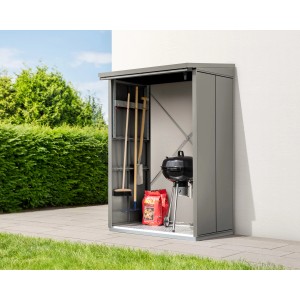 EcoStar Kaminholzregal Elegant-V, Graualuminium, mit Grill, Holzkohle und Gartengeräten.