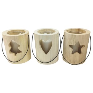 3er Set: Windlicht Holzstamm Nordic-Style mit Glas, verschiedene Motive (Stern, Herz, Baum).