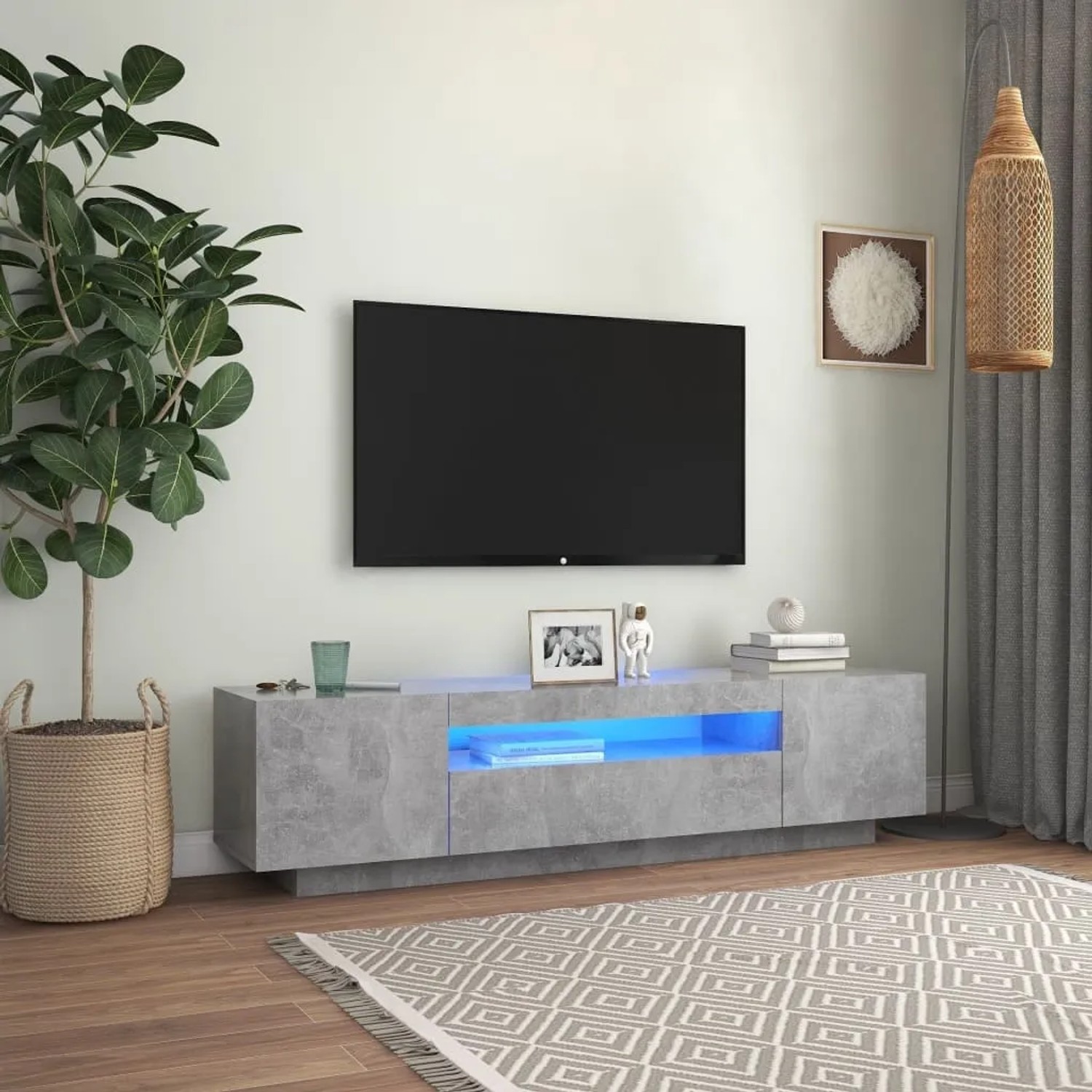 Grauer VidaXL TV-Schrank mit LED-Beleuchtung im Wohnzimmer.