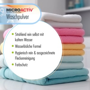 Microactiv Vollwaschmittel 10kg: Waschpulver für strahlend saubere Wäsche, gestapelte Handtücher in verschiedenen Farben.