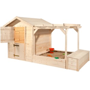 Weka Spielhaus Drachenhöhle Tabaluga mit Sandkasten und Truhe aus naturbelassenem Holz.