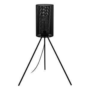 Schwarze Eglo Ladunara Außen-Stehleuchte mit dreibeinigem Fuß und zylindrischem Lampenschirm.