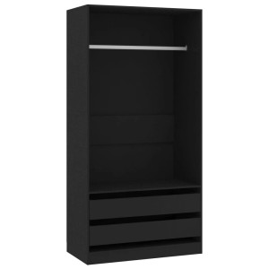 Schwarzer Kleiderschrank (100x50x200 cm) mit Schubladen und Hängestange.