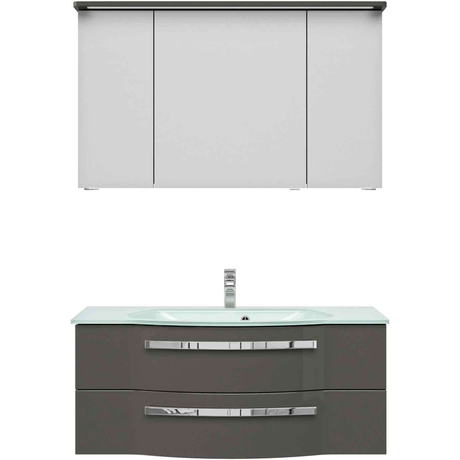 Pelipal Badmöbel-Set Serie 4005, 117 cm, Steingrau Hochglanz mit Glaswaschbecken und Spiegelschrank.