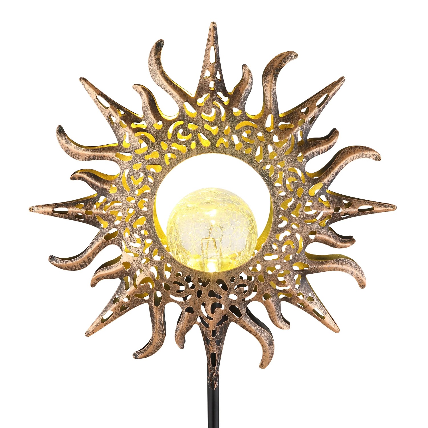 Globo LED Solarleuchte in Sonnenform, Metall schwarz matt, rostfarben, mit Glaskugel.