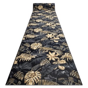RugsX Läufer, schwarz mit goldenem Monstera-Blattmuster, Antirutsch-Teppich für Flur. Aus Polyester.