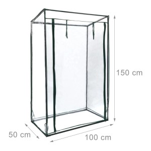 Transparentes PVC Tomatengewächshaus mit grünem Metallgestell, Schrägdach, 150x100x50 cm. Ideal für Pflanzenanzucht.