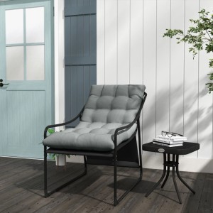 Outsunny Gartensessel mit schwarzem Stahlrahmen, Armlehnen und dickem grauem Sitzkissen für Terrasse.