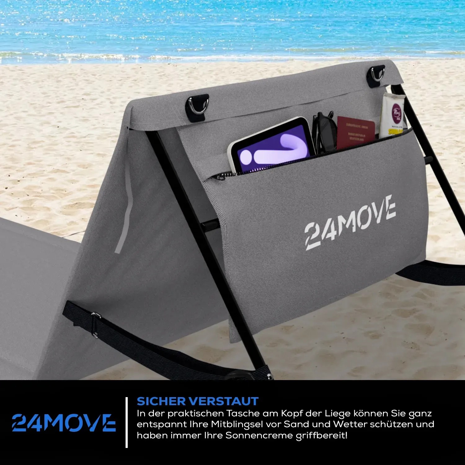 24MOVE Strandmatte, klappbar mit Rückenlehne und Tasche, grau. Sonnenliege mit Stauraum am Strand.