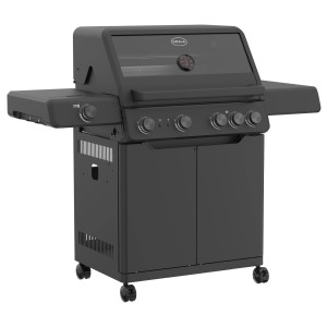 Schwarzer Rösle Gasgrill Allflame Hero 4 mit vier Brennern und Seitentisch.