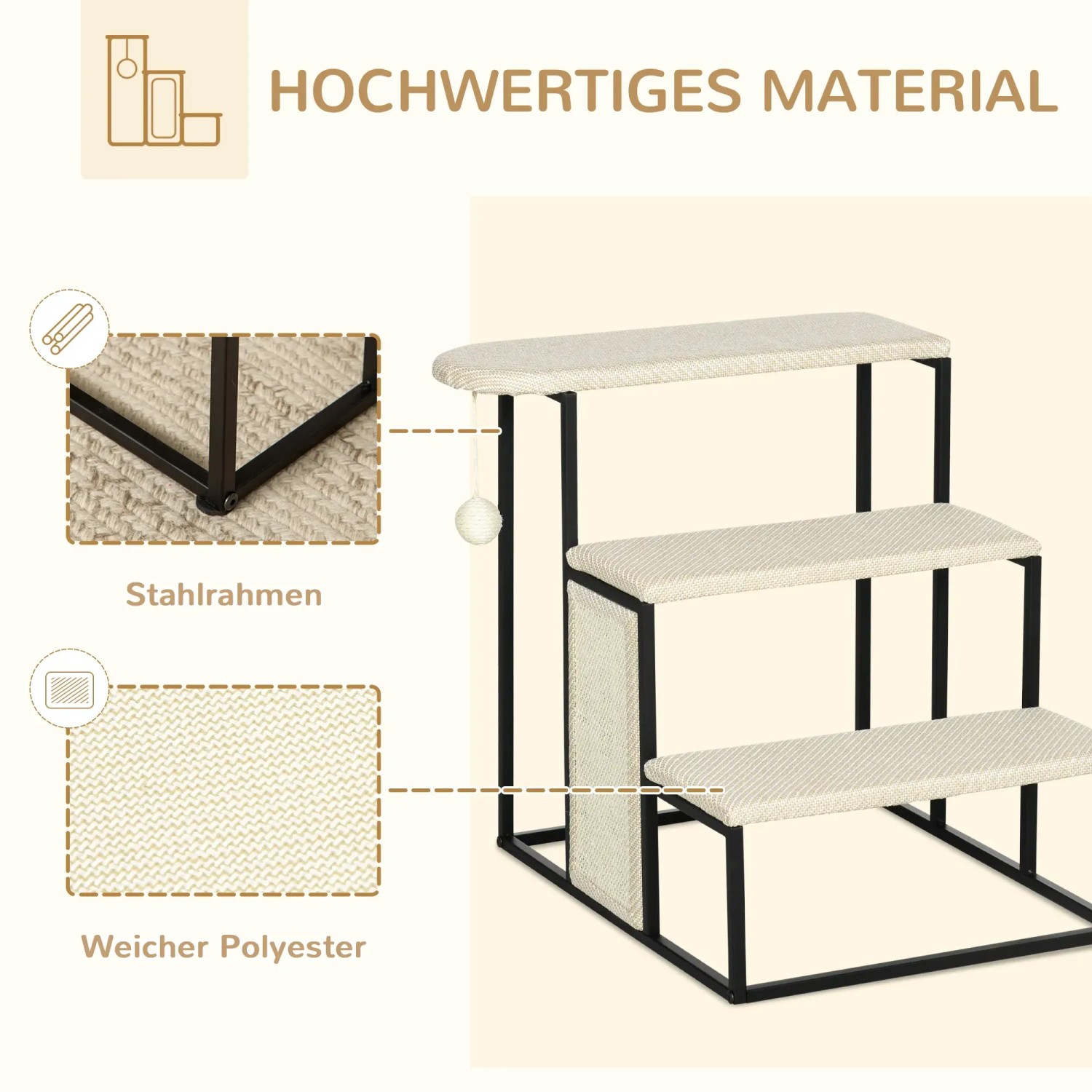 PawHut Katzentreppe mit Kratzbrett, 3 Stufen, Stahlrahmen und Sisalbezug.