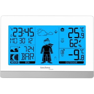 Weisse technoline Wetterstation WS 9612 mit blauem Display. Zeigt Uhrzeit, Temperatur, Luftfeuchtigkeit, Wetterfigur und Mondphasen.