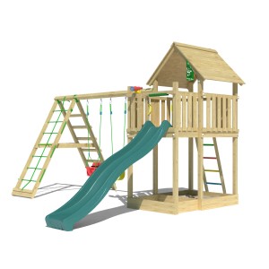 Jungle Gym Spielturm mit Doppelschaukel, Kletterwand, Rutsche und Dach in Dunkelgrün.