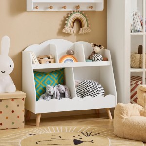 Weißes Kinderregal mit 5 Fächern und Holzbeinen, gefüllt mit Büchern und Spielzeug im Kinderzimmer.