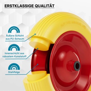 Wiltec Schubkarrenrad 3.50-8, gelb-rot. Pannensicherer PU-Reifen mit Stahlfelge. Detailansicht der robusten Schichten.